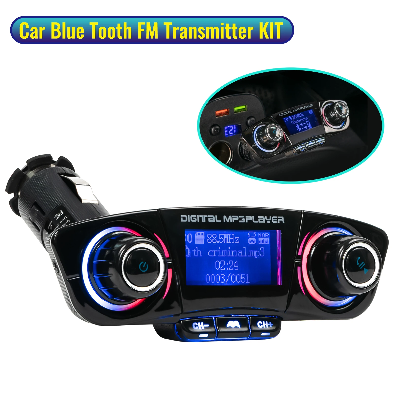 

Car Hands-free Bluetooth compaitable 5.0 FM Transmitter Kit MP3 Modulator Player Handsfree Audio Receiver 2 USB Fast Charger