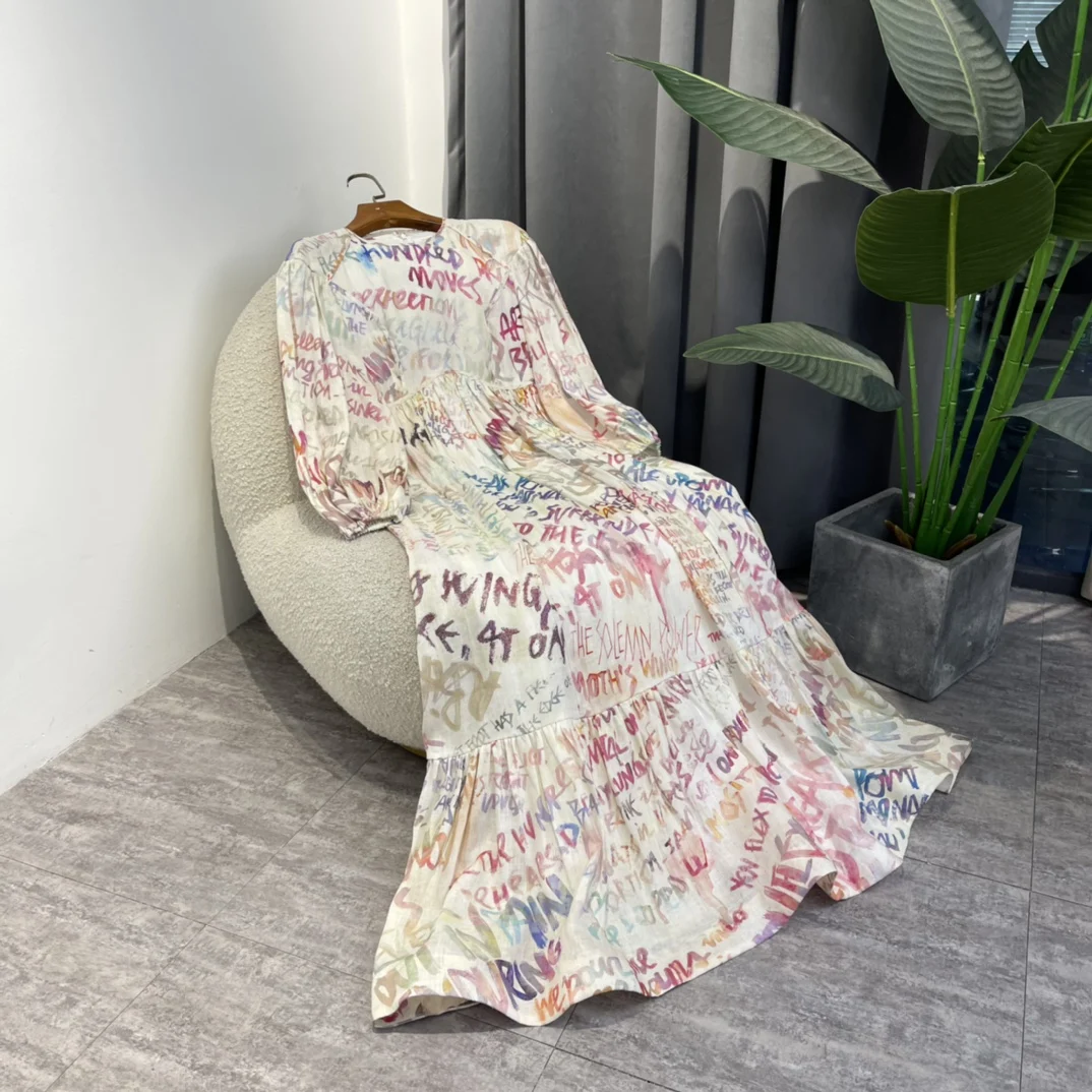 

Loose Ankle-Length Ladies Dress 2022 Spring New Top Quality Linen Letter Print Lantern Sleeve High Waist