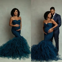 navy blue mermaid maternity gowns for photoshoot rufffles sleeveless maternity dresses sweetheart pregnancy women long dress