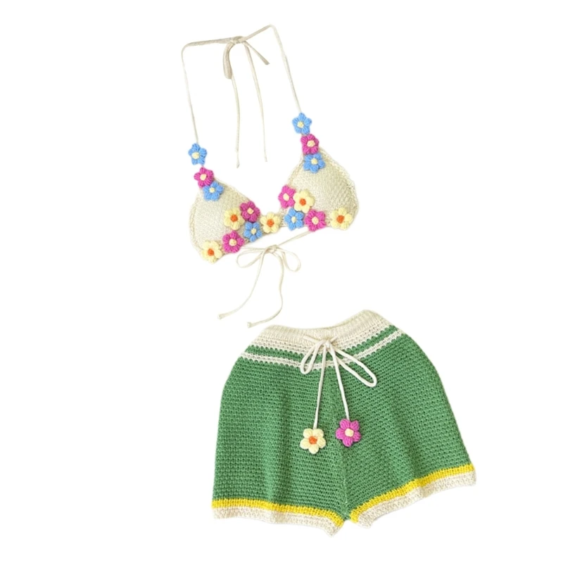 Полый комплект бикини с цветочным крючком для женщин бюстгальтер лямкой на