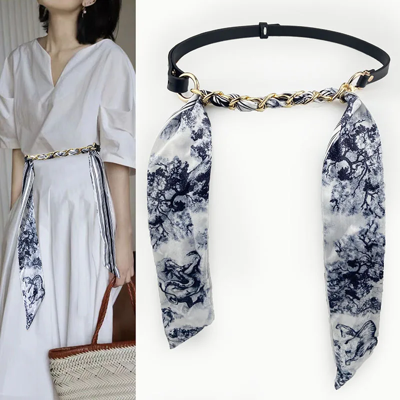Designer Style Silk Scarf Pu Leather Stitching Ladies Fashion Belts Versatile Trend Women Belt Coats Suits Accessories Waistband