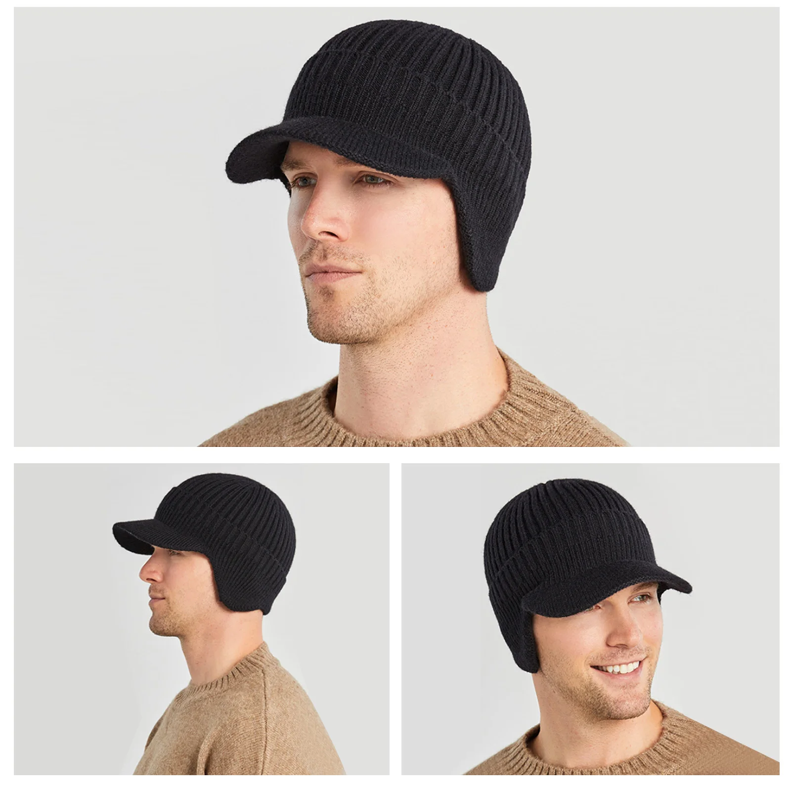 

Men Autumn Knitted Earflap Hat Outdoor Ear Protection Warmth Peaked Cap Casual Fashion Bomber Hats