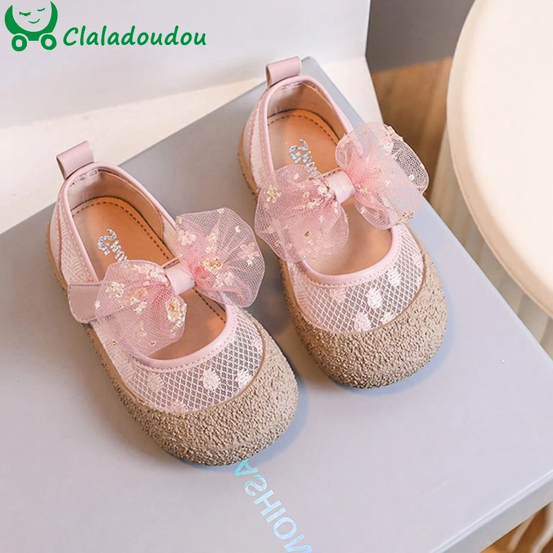 

2023 New Spring Casual Shoes For Little Princess,Cute Lace Polka Dot Bowtie-knot Patch Mesh Leather Walkers For Toddler Girls