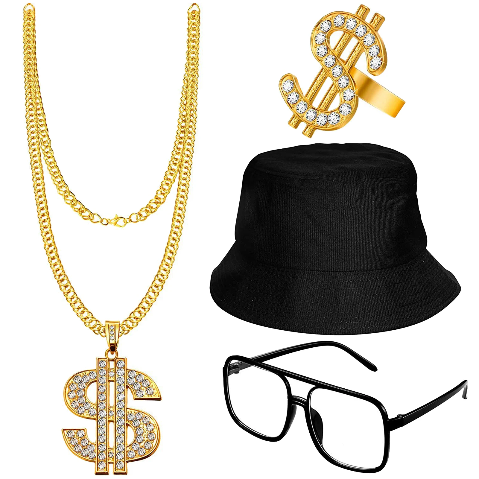

Fashion Cool Ring Chain Daily Party Supplies 80s 90s Rapper Bucket Hat Hip Hop Costume Kit Glasses Eye Catching Gift Cosplay