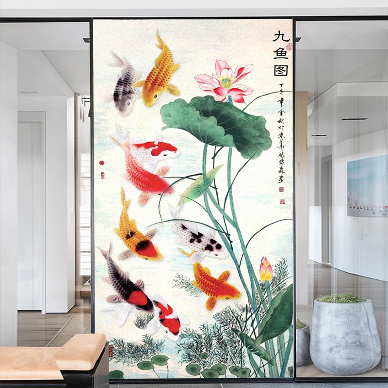 

Fish And Water Lily Window Frosted Film Privacy Sticker UV Blocking Window Coverings Window Tint for Homedecor