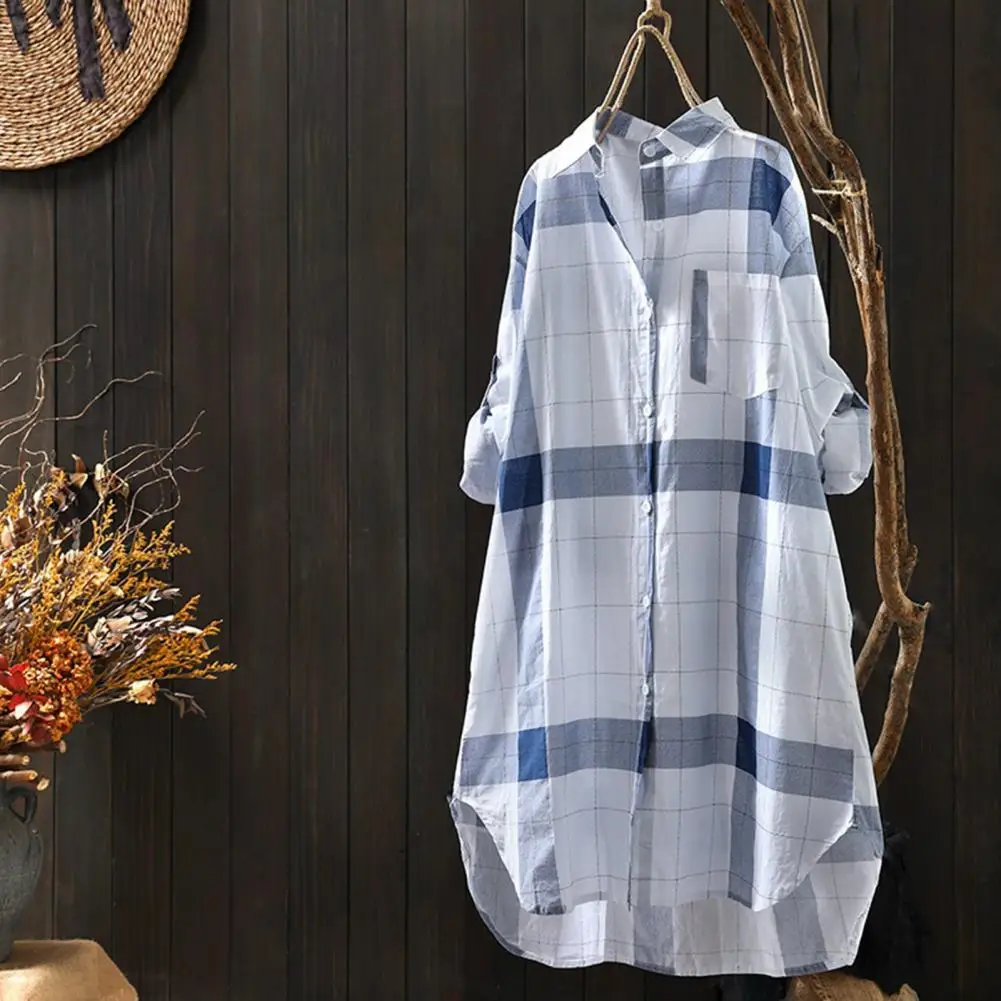 

Women 2023 Spring Summer Korean Fashion Simple Plaid Print Long Shirts Lady Loose Breathable Midi Shirt Sun Protection Blouse
