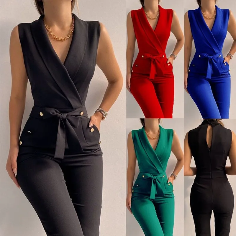 

Sexy Black Office Jumpsuit Lady Elegant Pocket Metal Button Bodycon Playsuit Casual One Piece Sleeveless Lace-Up Romper Overalls