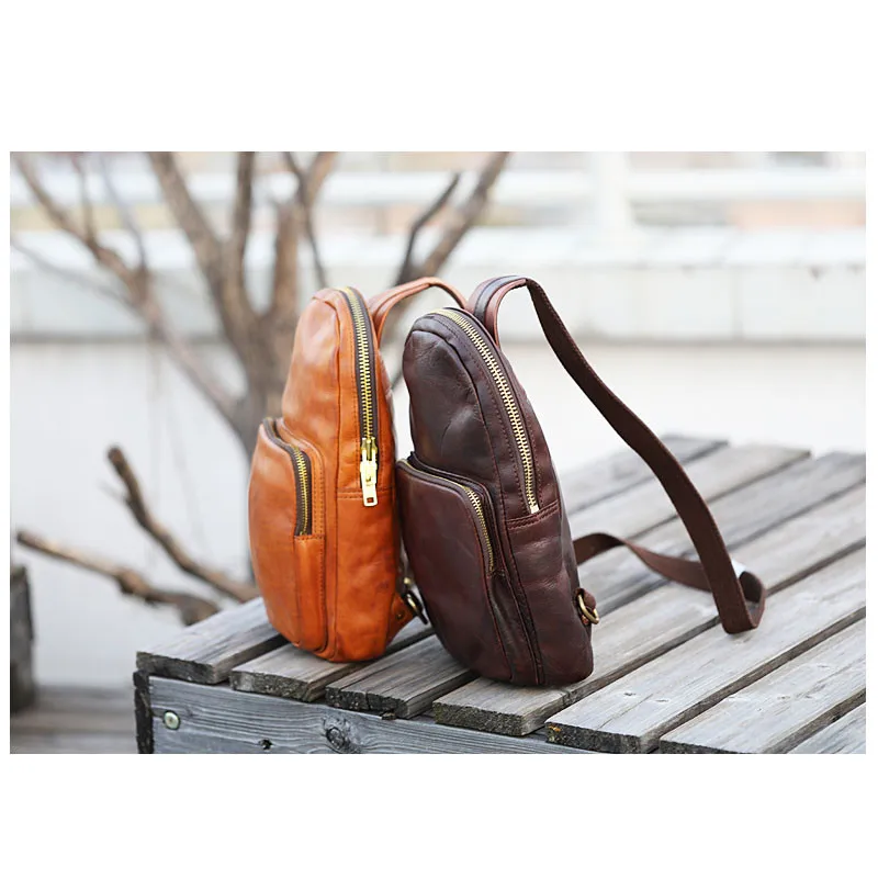 Fashion Luxury Designer Top cowhide Men Small Chest Bag Vintage Hand Maker genuine Leather Sports Lightweight male Messenger Bag