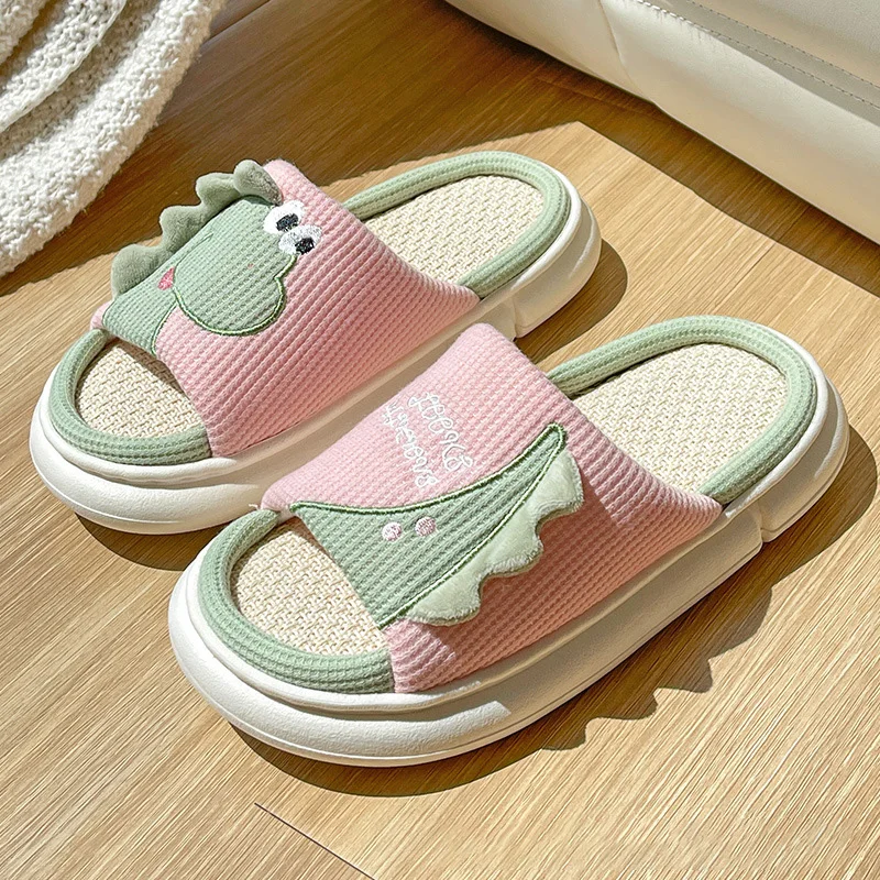 

Linen Home Slipper for Women Cute Dinosaur Cloud Sandals Female Summer Indoor Cozy Flip Flops Platform Couples Men Shoes Slides