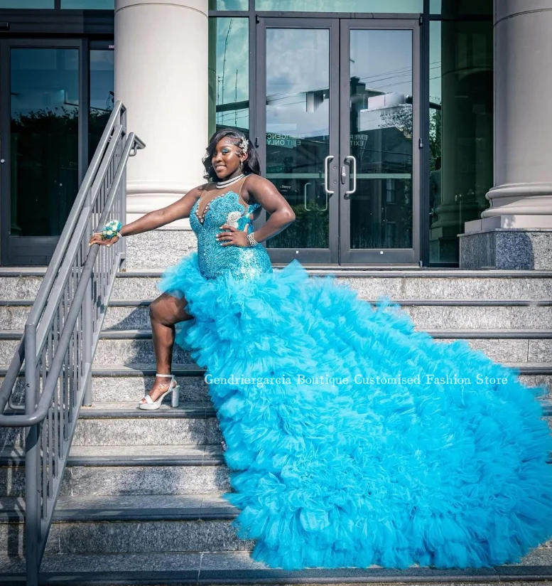 Бледно-голубое сексуальное вечернее платье с разрезом юбка-годе роскошное со