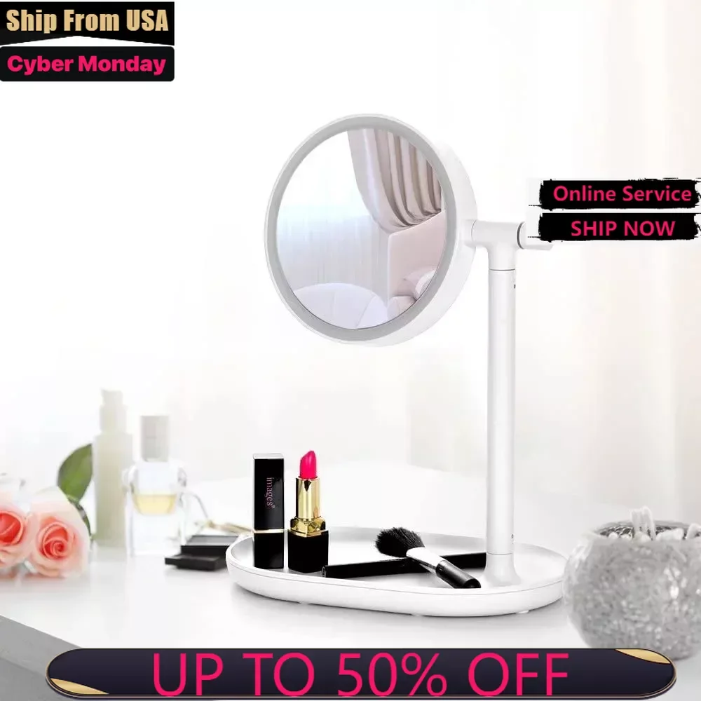 

Mirror with Makeup Lighting Lighted Makeup Mirror with Cosmetic Organizer Tray, LED Light Makeup Vanity for Desk or Tabletop