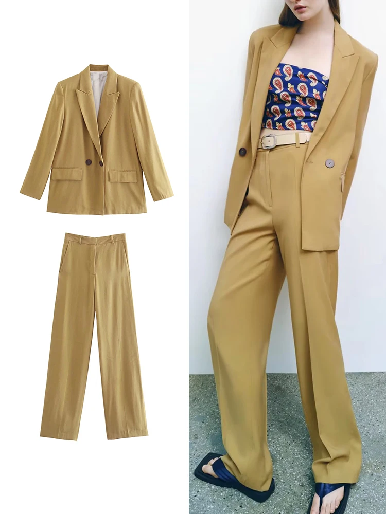 

TFMLN 2Pcs Spring Autumn Ladies Blazer Suit Sets 2022 Solid Office Lady Jacket+ Wide Leg Trousers Basic Zipper Long Pant