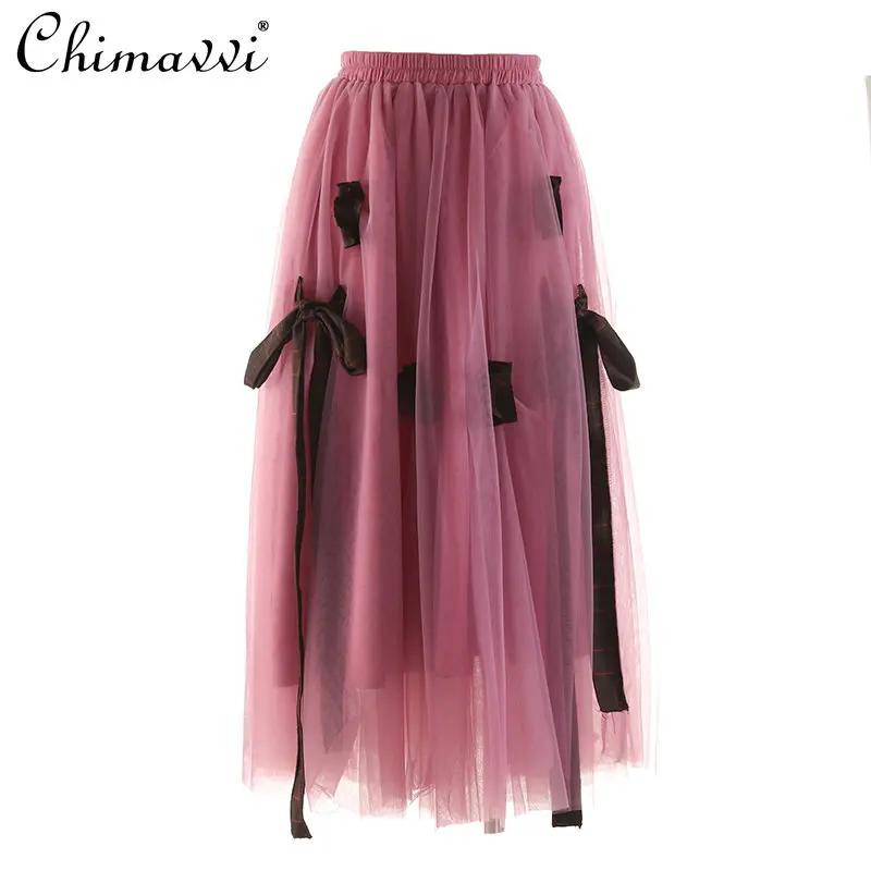Bow Fairy Chic Skirt for Women Spring Clothes New High-End Temperament Elastic Waist Mori Girl Wide Hem Gauzy Mid-Length Skirts