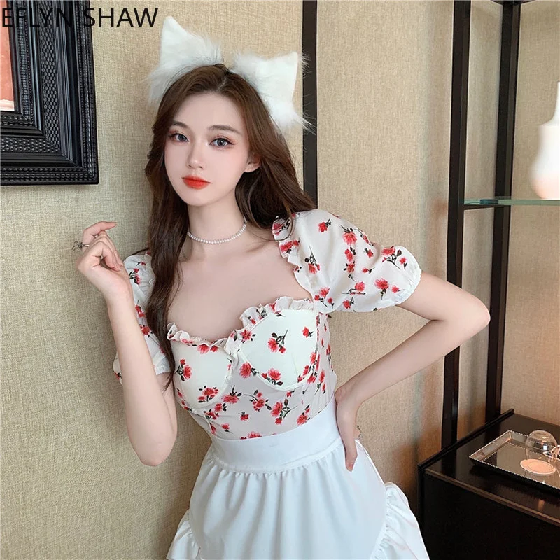 

Vintage Square Collar Floral Shirt Women Bubble Sleeve Ruffled Summer Blouse Short Sleeves Sexy Crop Bustier Top Padded Blusas