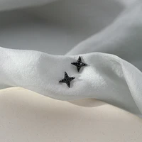 simple japanese micro inlaid black shiny four pointed star earrings cool girl women small cute banquet jewelry