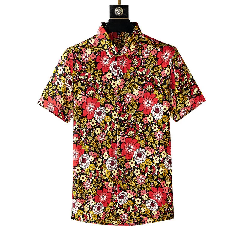 

Autumn Luxury Men Short Sleeve Shirts For Man Turn Down Fashion Casual Black Print Tops