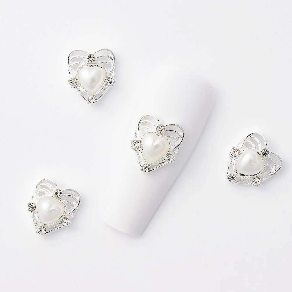 10Pcs/Bag Alloy Pearl Nail Jewelry Charms Gold/Silver V Shape Heart Nail Parts for Manicure DIY Pearl Rhinestone Nail Decoration images - 6
