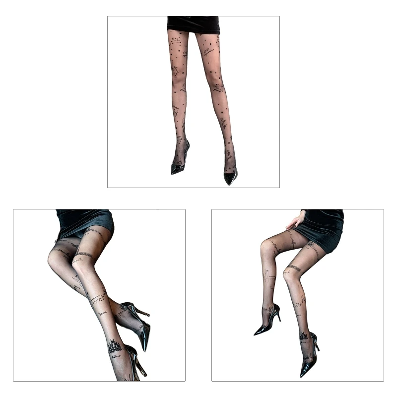 

Women Autumn Silky Black Pantyhose Vintage Flocking Constellation City Patterned Sheer Tights Club Party Stockings