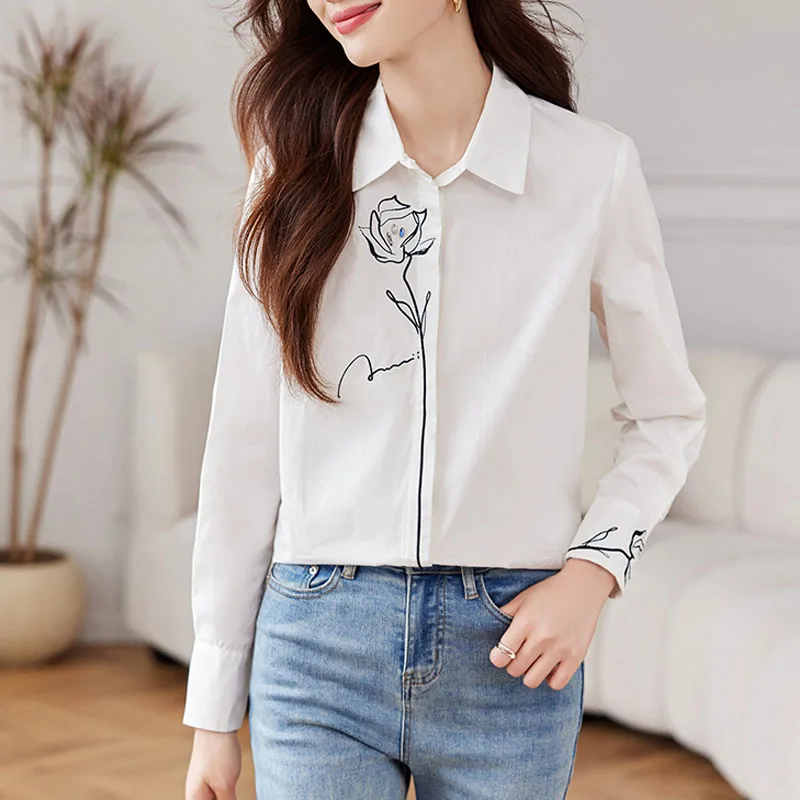Новая женская рубашка с длинным рукавом и отложным воротником вышивкой блузка