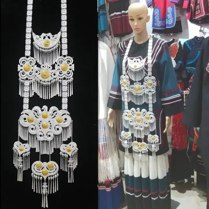 

Китайское длинное ожерелье Liangshan Yi, женские традиционные аксессуары Hmongb, большое металлическое серебряное ожерелье Miao
