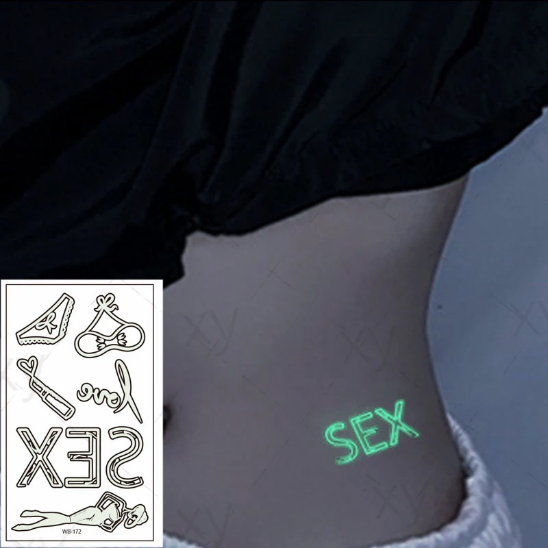 Tattoo Stickers Luminous Temporary Fake Tattoos Sexy Girl Bikini Letter Paste on Face Arm Leg Body Art  for Men Women Kids images - 1