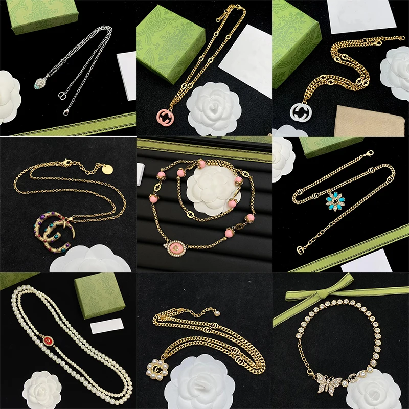 

925 Sterling Silver Classic Letter Double G Women's Necklace Vintage Pearl Zircon Fashion Necklace with free shipping