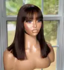 Прямые парики из человеческих волос с челкой, парик полностью машинной работы темно-коричневого цвета, бразильские человеческие волосы Remy, Короткие парики боб для женщин