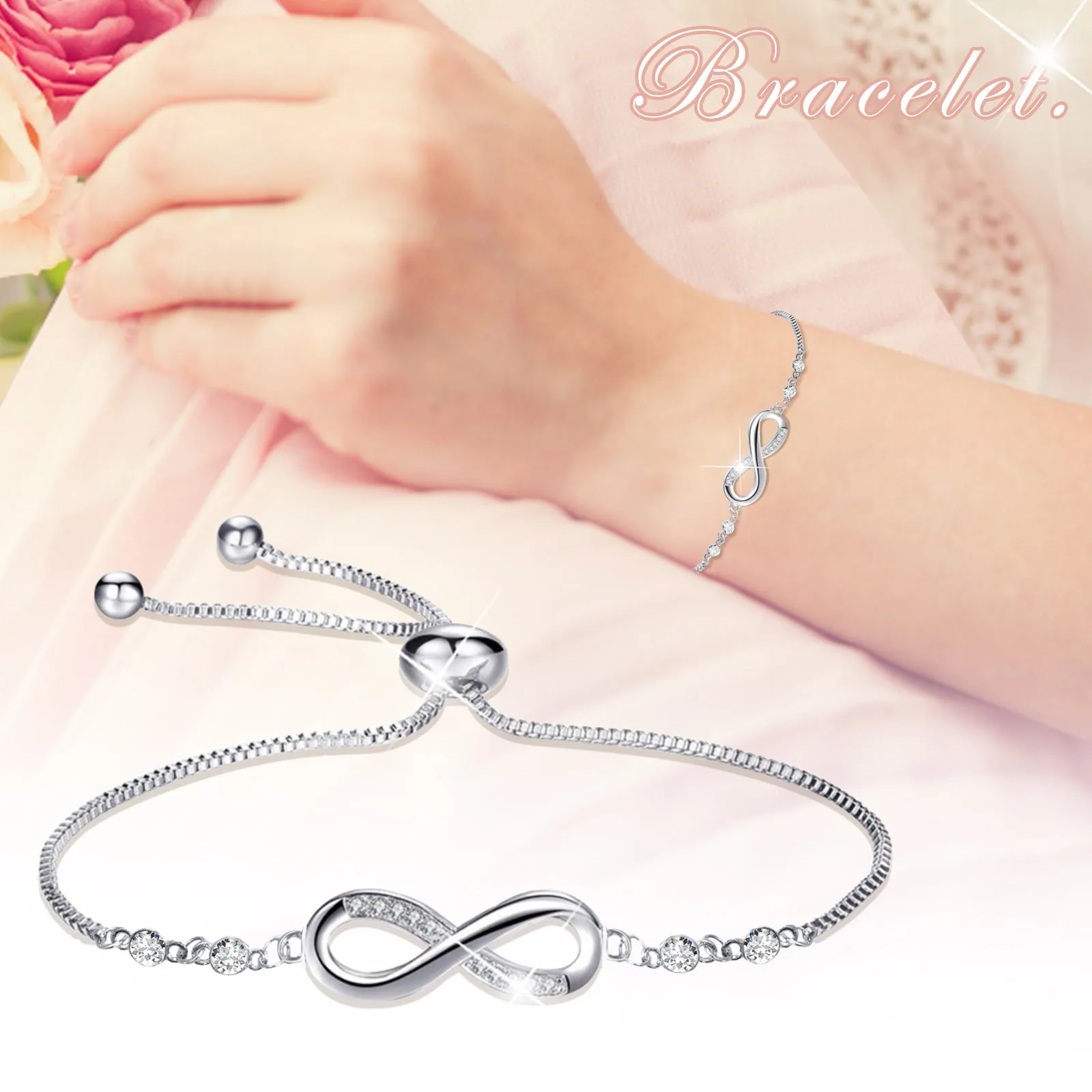 

Fashion 8 Shaped Diamond Bracelet Length Adjustable Jewelry Charm Bracelet Birthday Surprise Gift Silver Necklace for Homecoming