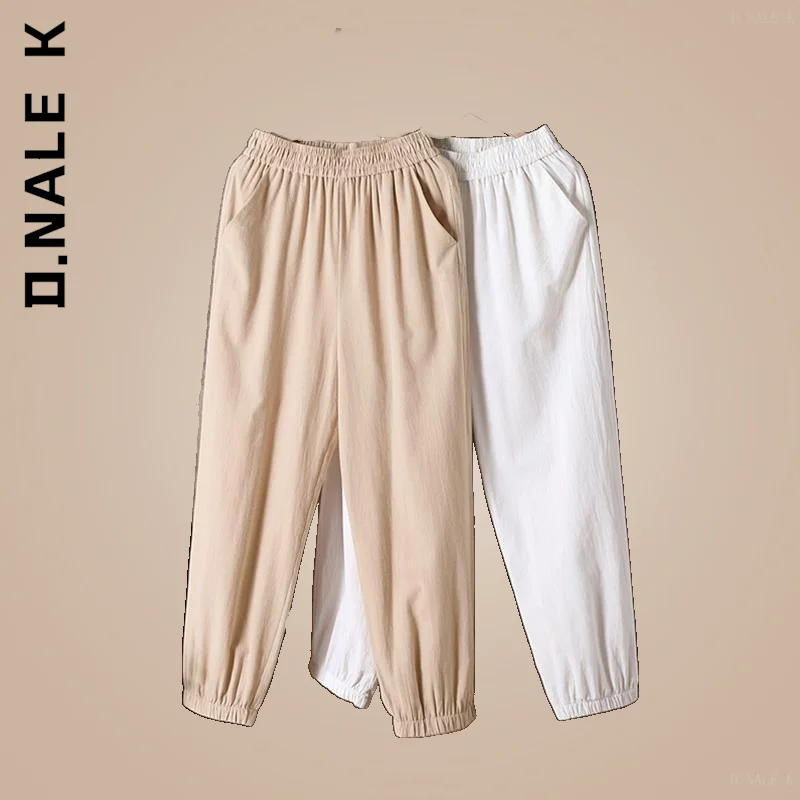 

D.Nale K Women Trousers Pants Spring Summer Trendy Elastic Waist Cotton Linen Pants Slim Pant Long Straight Female Streetwear
