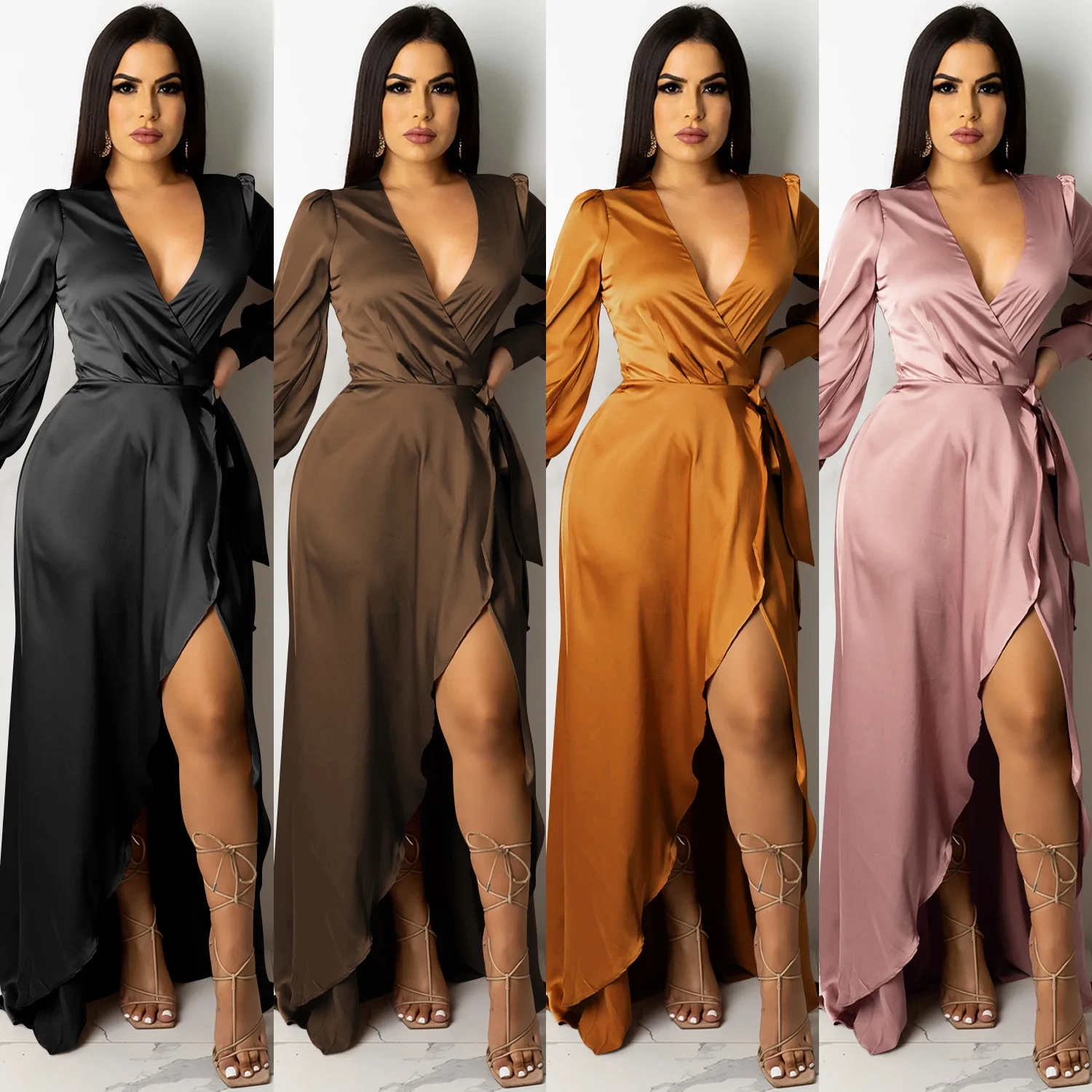 

Europe and the United States fashion sexy solid color women's deep V binding long sleeve slit long skirt dress