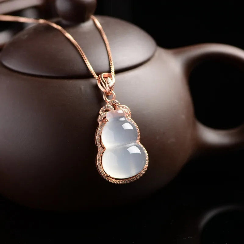 

Ice-like White Chalcedony Calabash Pendent Inlaid 925 Silver Necklace Jade Agate Clavicle Chain Hanging Piece Pendant