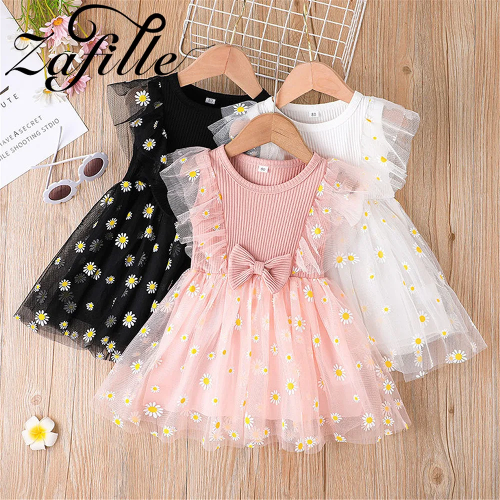 

ZAFILLE Baby Girls Princess Dress Daisy Mesh Outfits For Kids Summer Clothes Sleeveless Bowtie Girls Dresses Children Outwears