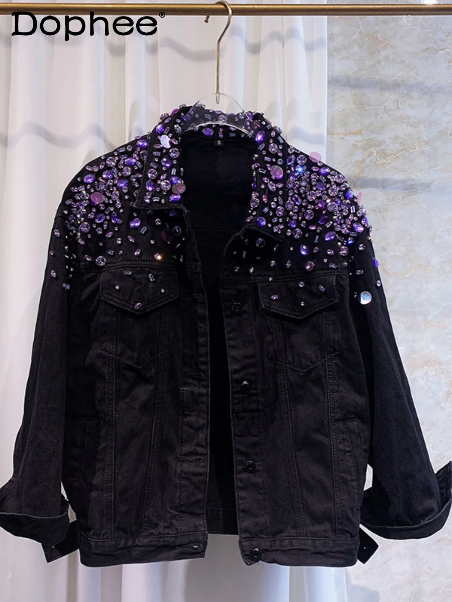 Purple Sequin Hand-Stitched Pure Cotton Denim Jacket Women Temperament Lapel Single Breasted Long Sleeve Jeans Jacket Outer Wear