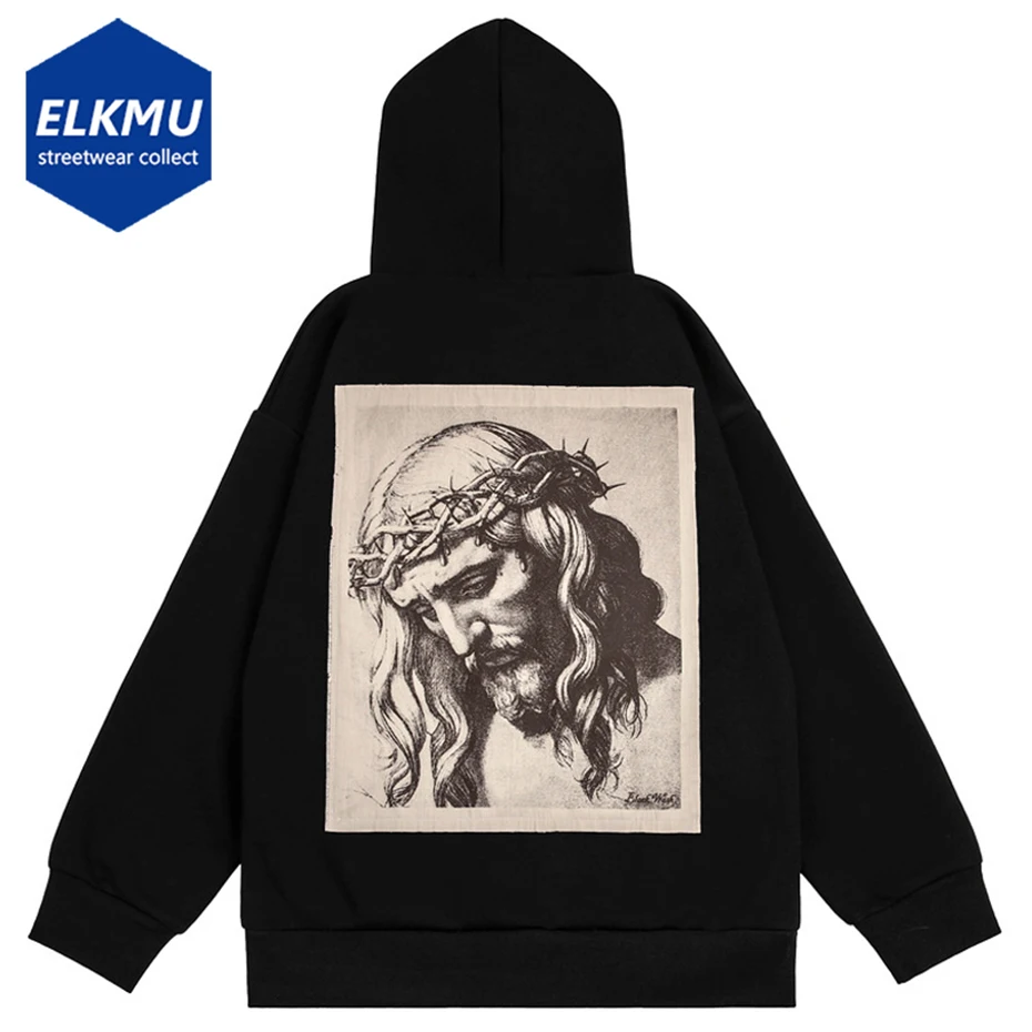 

Men Hip Hop Hoodie Vintage Patchwork Streetwear Oversized Hoodies Harajuku Y2K Sweatshirt 2023 Man Black Loose Pullover Hoodie