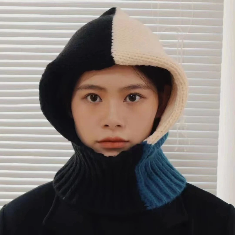 

Японская Ретро Балаклава, шапка с шарфом, украшенная кожаной этикеткой, новые корейские Вязаные Лыжные шапки в стиле Ins, женские шапочки