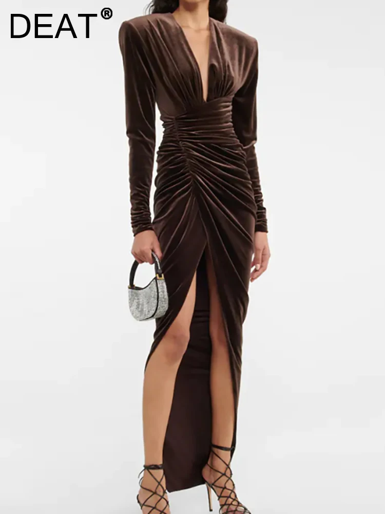 

Женское бархатное вечернее платье [DEAT], черное плиссированное платье с глубоким V-образным вырезом, длинным рукавом и широкими плечами на мо...