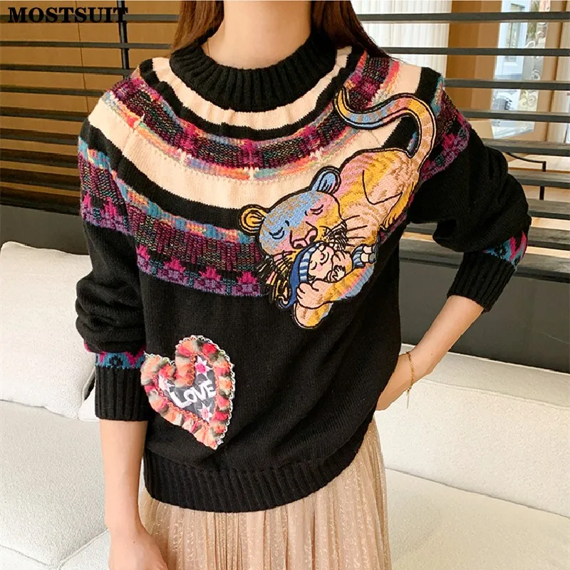 

Black Stylish Chic Loose Knit Sweater Pullover Women Autumn Winter Embroidered Long Sleeve O-neck Elegant Vintage Ladies Jumpers