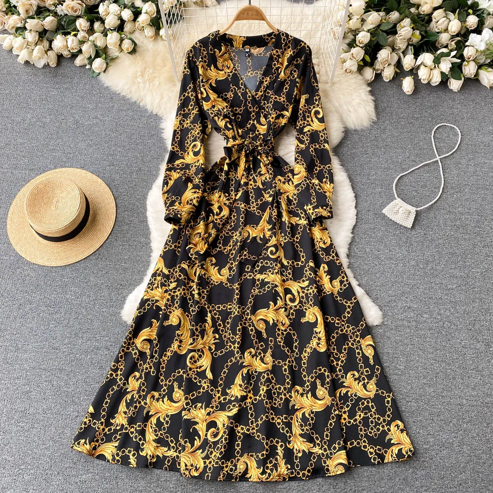 

Aibeautyer New Spring Autumn Casual Floral Print Lady Full Dress A Line V Neck Chiffon Pullover Mid-Calf Women Dresses