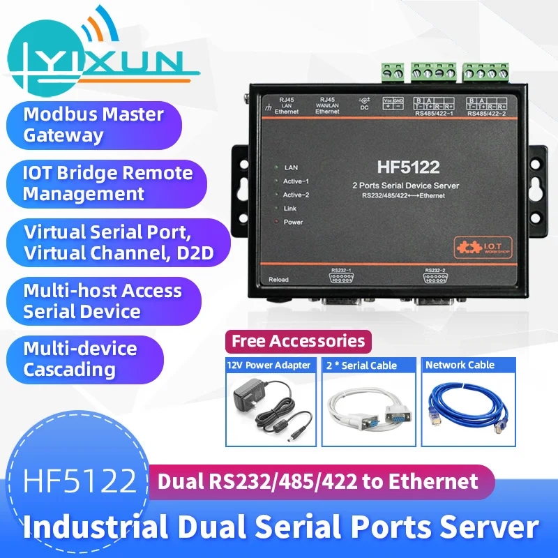 

HF5122 Industrial Serial Port RJ45 RS232/485/422 To Ethernet Free RTOS Serial 2 Port Transmission Converter Serial Server