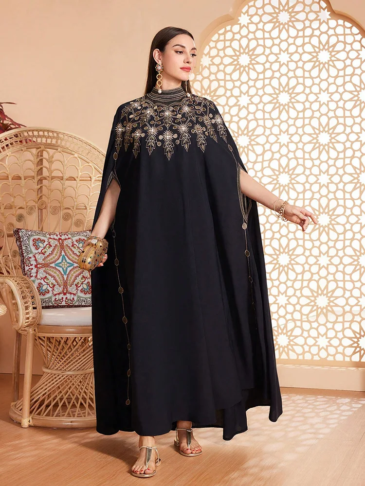 TOLEEN-Женское Платье макси с вышивкой воротник-стойка рукав-накидка роскошь
