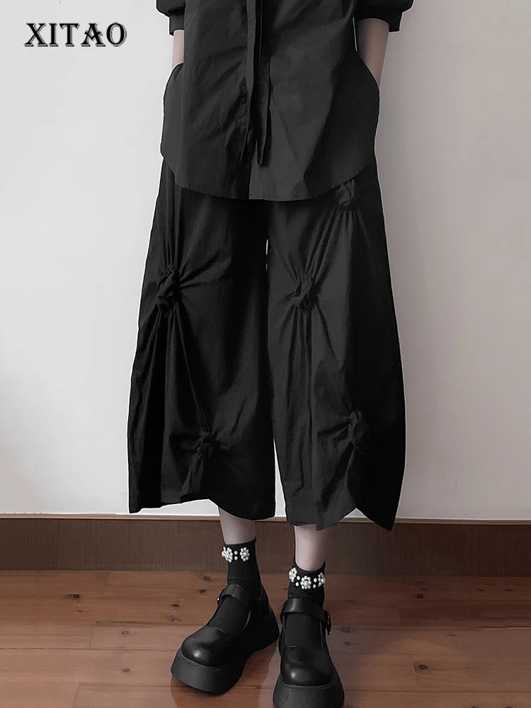 

XITAO Black Skirt Elastic Waist Minority Goddess Fan Casual Style Pleated Small Fresh Minority Loose Wide Leg Pants WLD7420