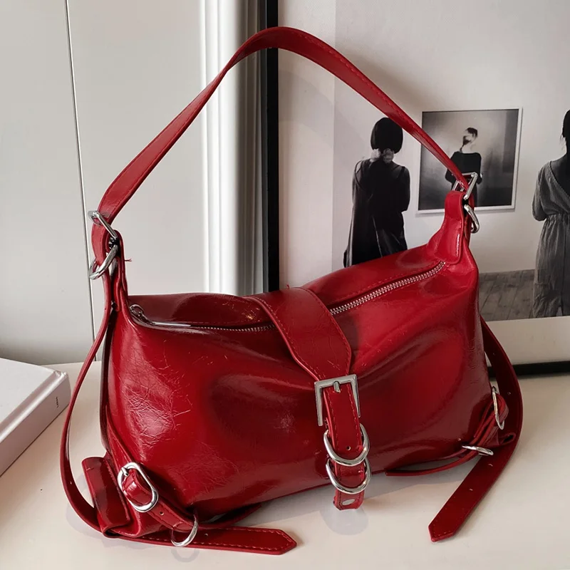 

Casual Women Patent Leather Crossbody Bags 2023 Fashion Pillow Shoulder Bags Simple Style Solid Color Trendy Lady Underarm Bags