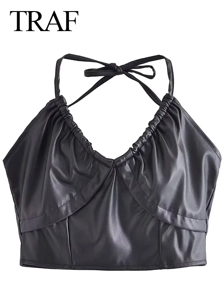 

Модный Премиум сексуальный тонкий слинг на молнии сзади TRAF с низким вырезом в стиле High Street черная кожаная шнуровка на лямке для женщин Летня...