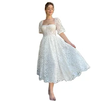 miss veil a line wedding dress puff sleeve mid calf elegant backless bridal gown lace appliques zipper princess vestido de novia