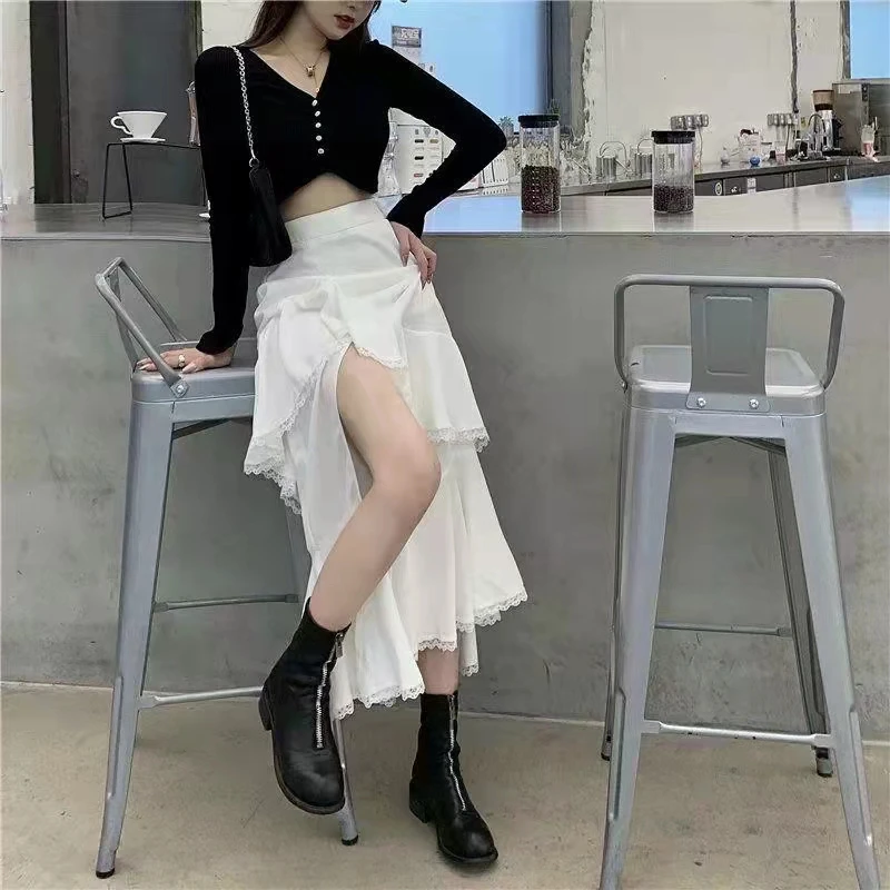Повседневная Асимметричная юбка с высокой талией женская белая Корейская