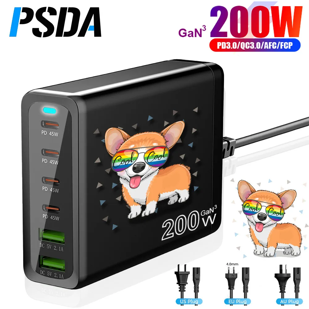 PSDA 3D UV 200W GaN 6 Ports USB C Power Adapter PD 45W Fast Charger Type-C Charging Station for MacBook iPad iPhone 14 Samsung