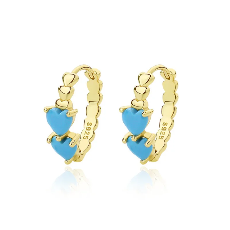 

925 Sterling Silver Turquoise Heart Hoop Earrings For Girls Aesthetic Design Gold Earings Products 2022 Fine Jewelry