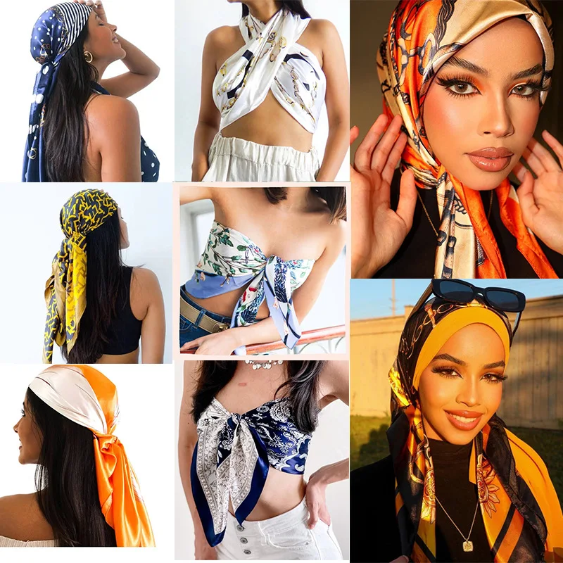 

Simulated Silk Hijab Square Scarf Printed Silk Satin Scarf Square Women Muslim Hijab Elegant Headband Hijab Holiday Shawl 90*90