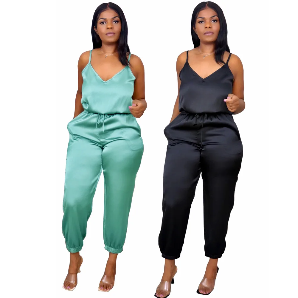 

Sexy V Neck Slip Jumpsuit Women Summer Casual Solid Bodysuit Silky Collect Waist Rompers 2022 Female Commute Playsuit