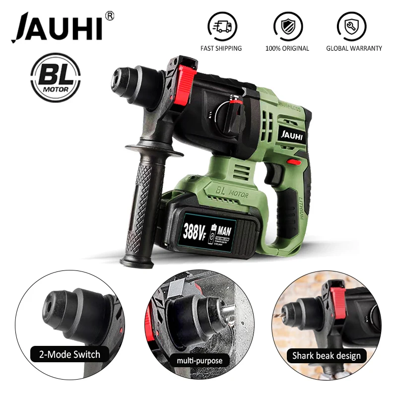 

JAUHI 1680W Cordless Rotary Hammer Brushless Electric Hammer Drill Electric Power Screwdriver Impact Drill with 20000mah Battery